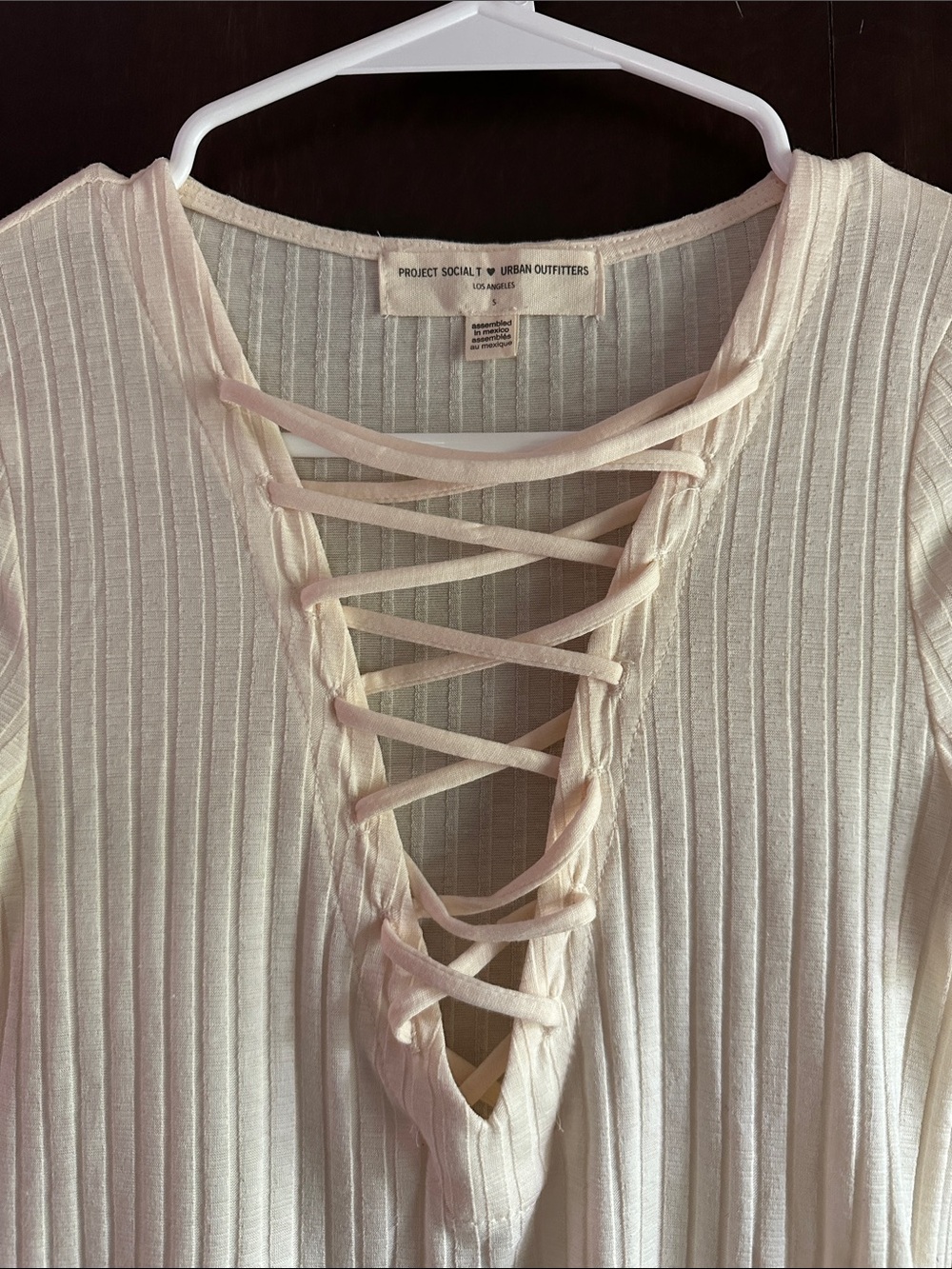 Project Social T Lace-Up Ribbed Short Sleeve Top - Ivory - Picture 3 of 7